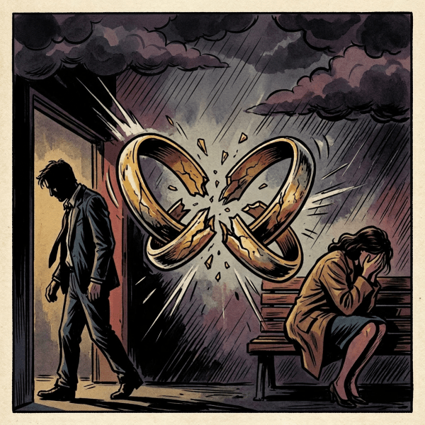 Broken wedding rings between a man and woman showing separation and sadness